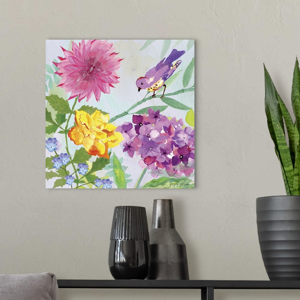 A modern room featuring Decorative square art with a purple and yellow bird on a branch surrounded by purple, pink, yello...