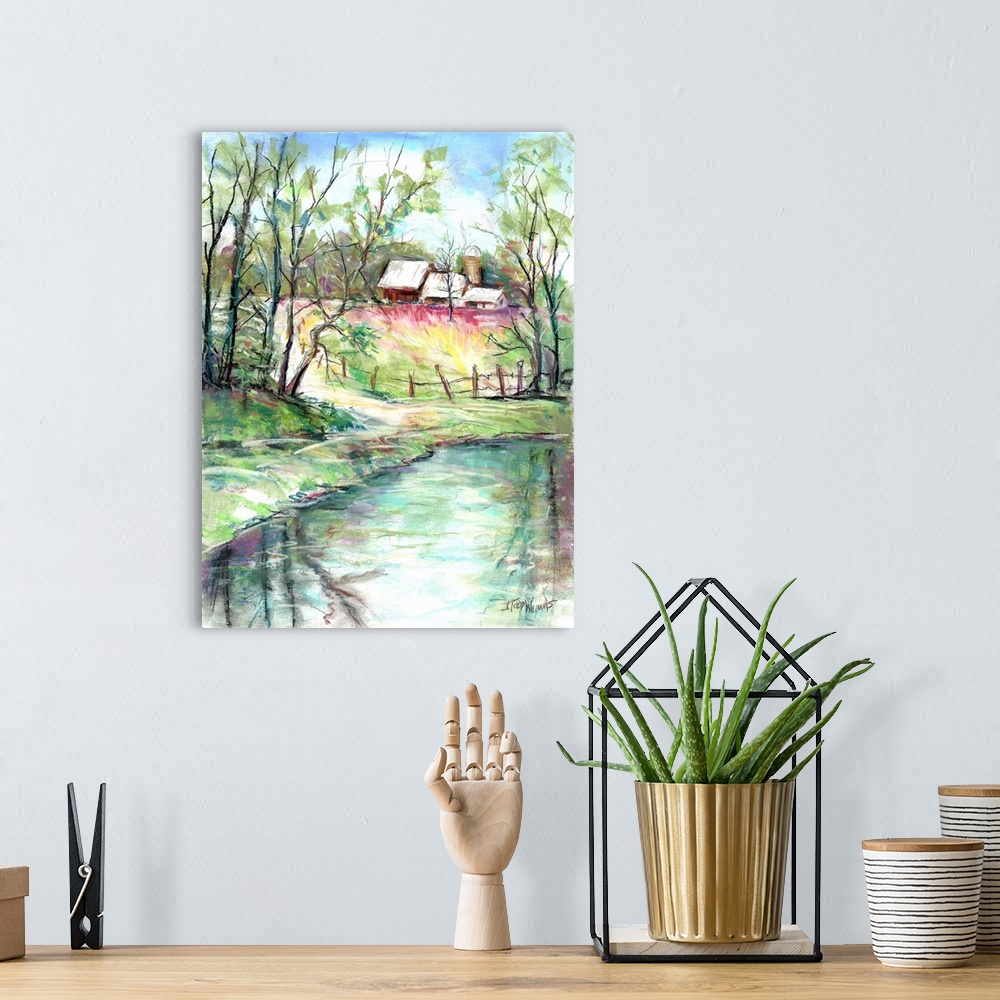 A bohemian room featuring Colorful landscape painting of a pond with a path leading up to a large barn.