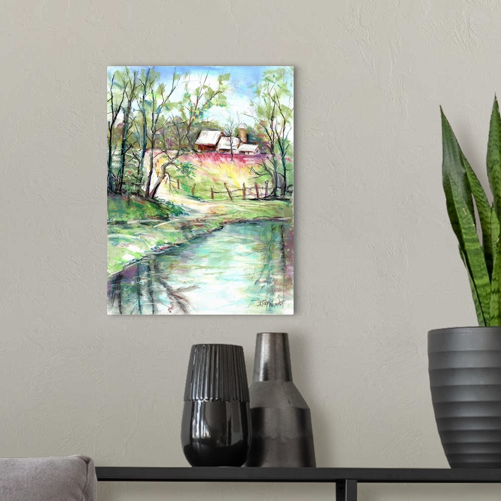 A modern room featuring Colorful landscape painting of a pond with a path leading up to a large barn.