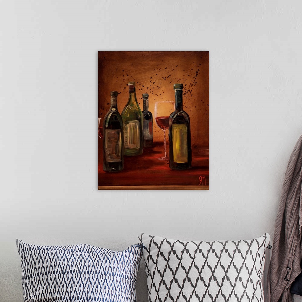 A bohemian room featuring Contemporary painting of wine bottles and a glass of red wine with a warm toned background and a ...