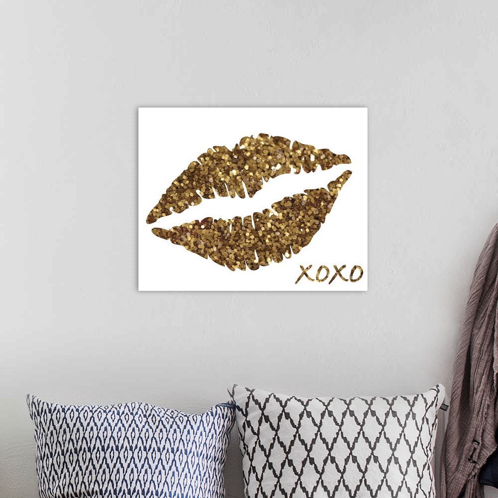 A bohemian room featuring Glittery decor with gold lips and "XOXO" in the bottom corner on a white background.