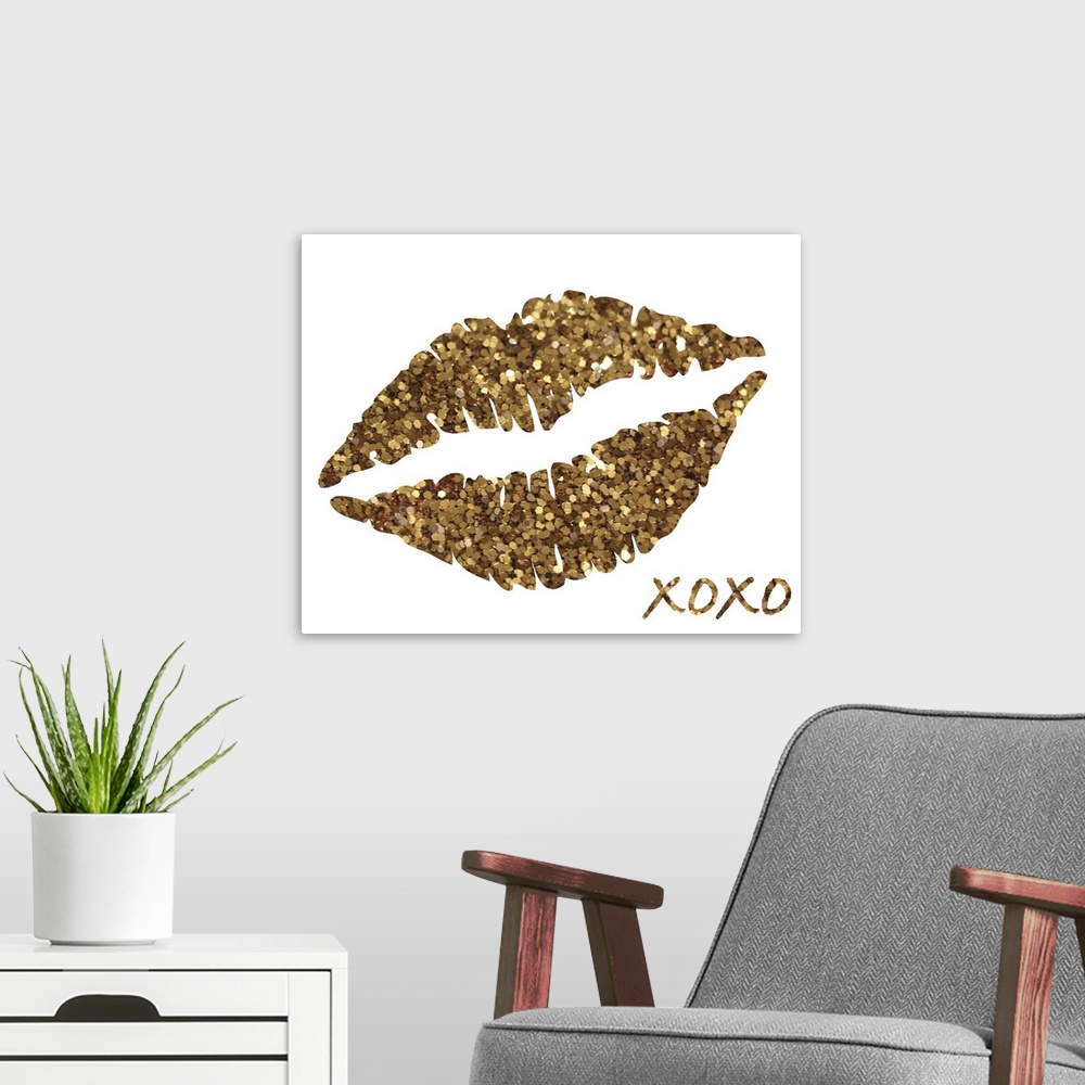 A modern room featuring Glittery decor with gold lips and "XOXO" in the bottom corner on a white background.