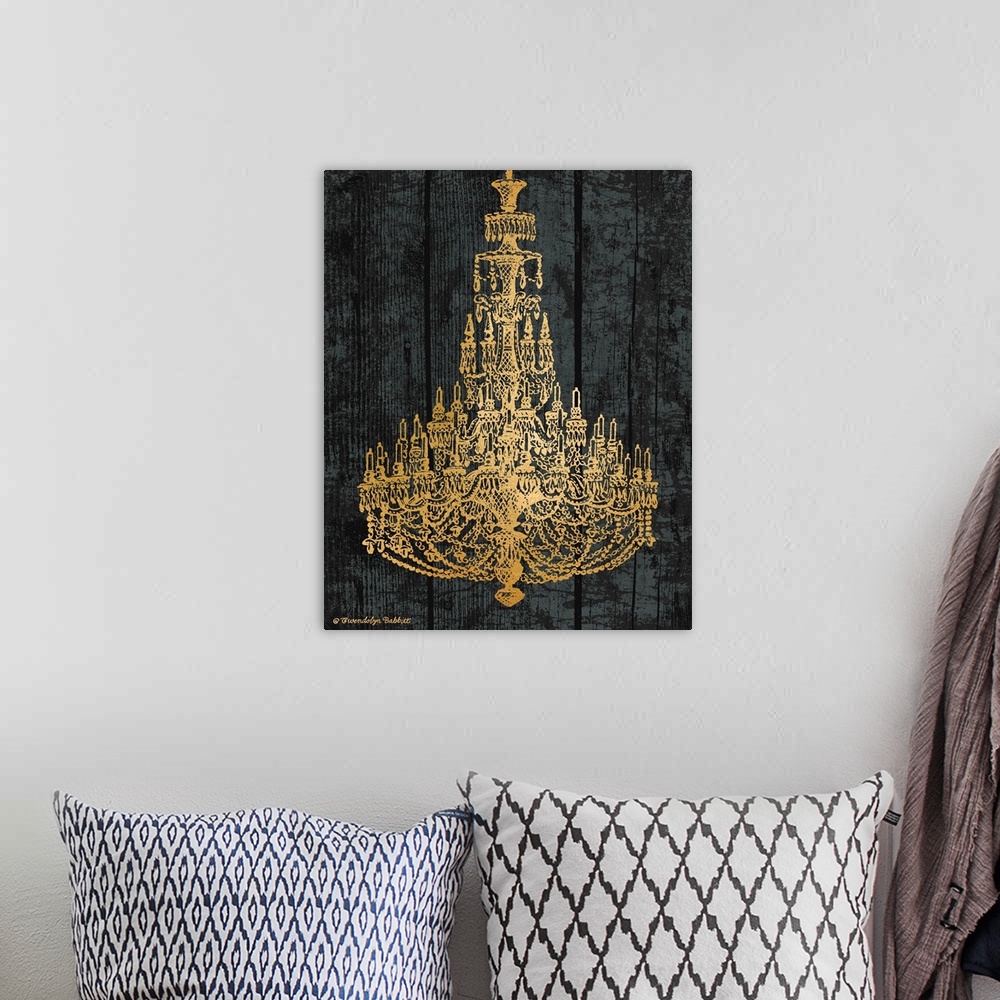 A bohemian room featuring An illustration of a chandelier in gold over a black background.