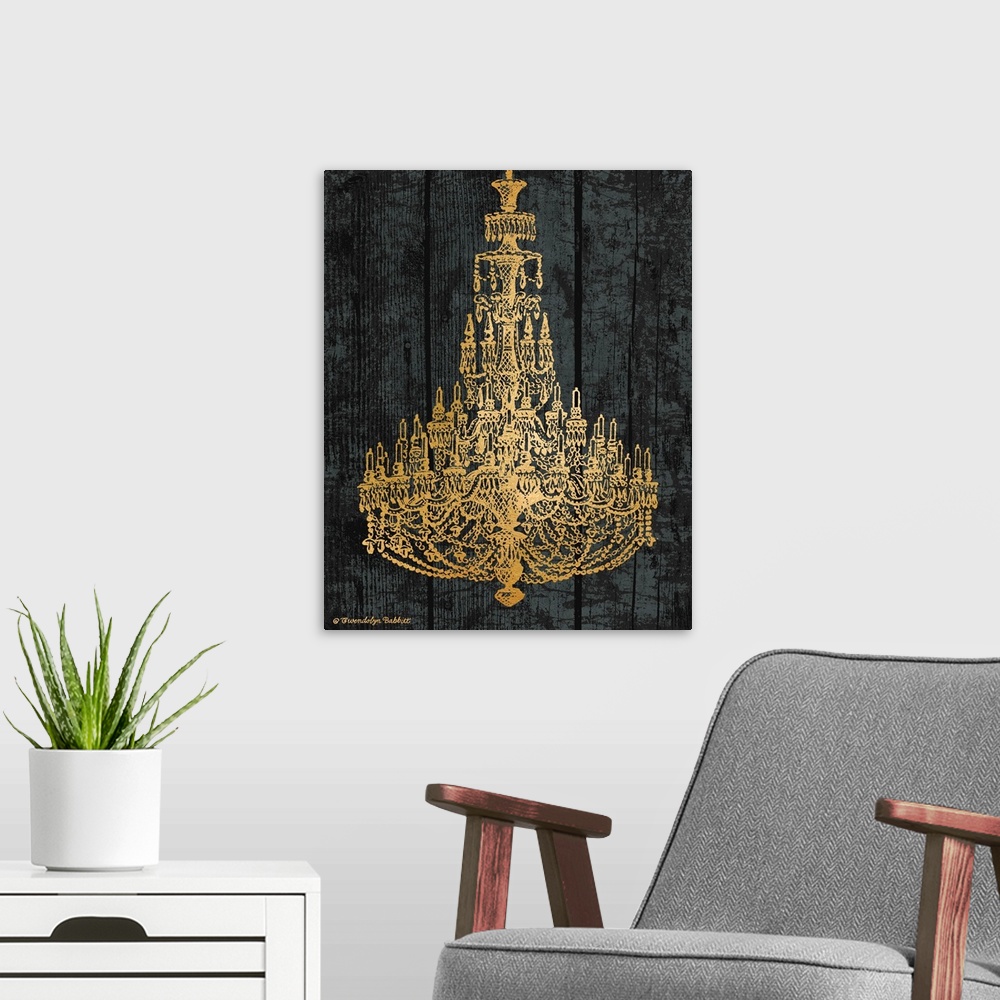 A modern room featuring An illustration of a chandelier in gold over a black background.