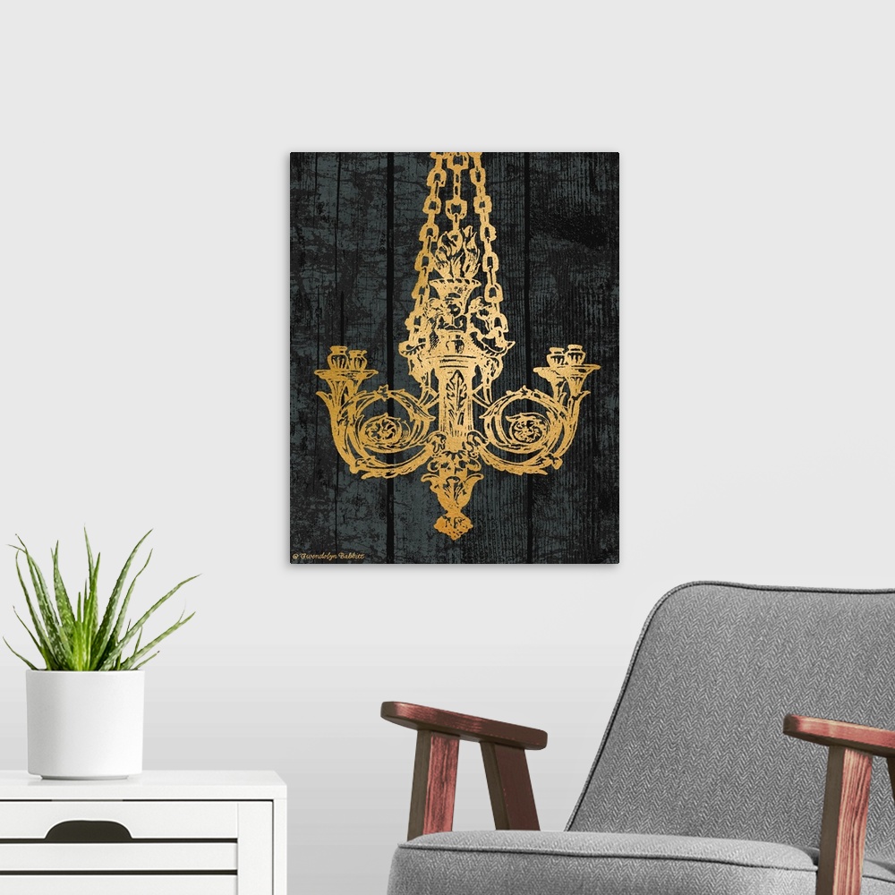 A modern room featuring An illustration of a chandelier in gold over a black background.