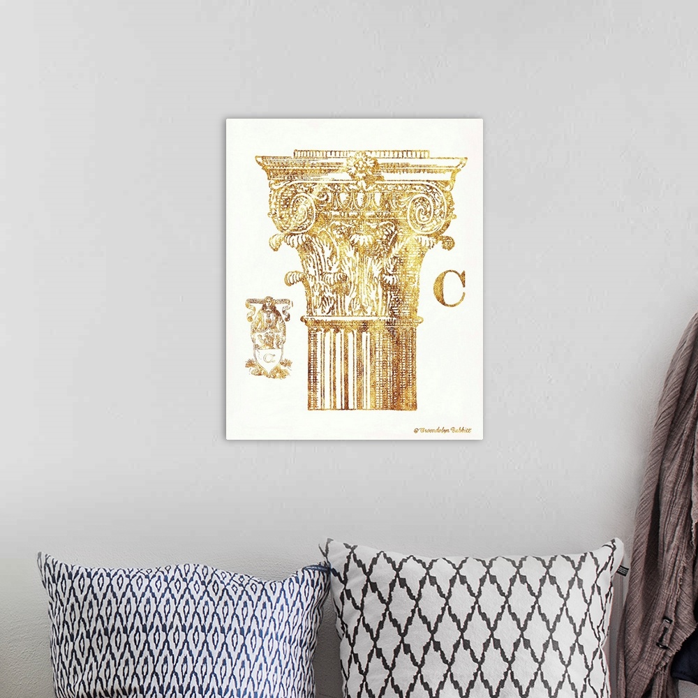A bohemian room featuring Vintage art showing the detail of the capital of a column.