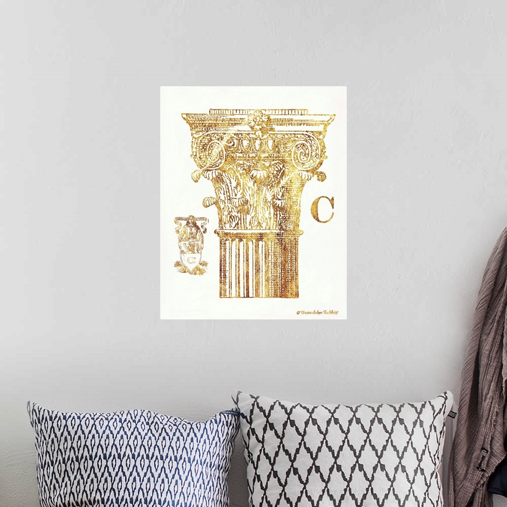 A bohemian room featuring Vintage art showing the detail of the capital of a column.