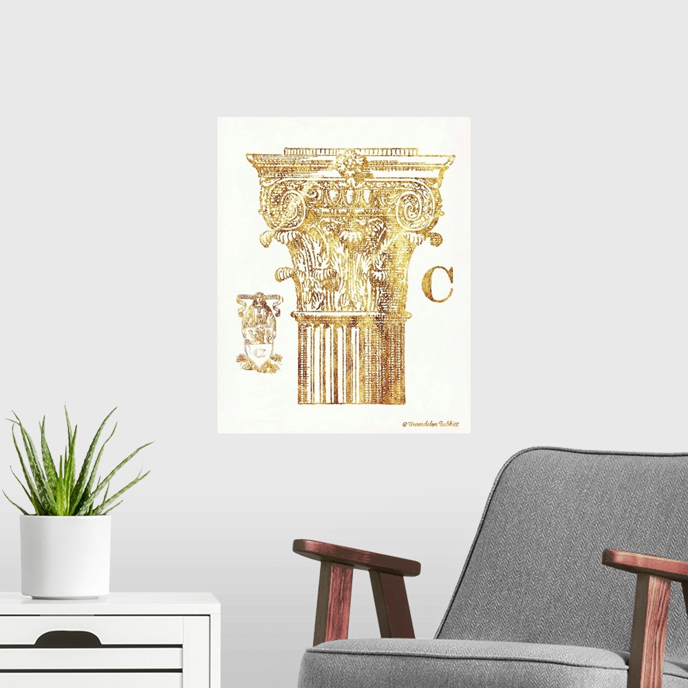 A modern room featuring Vintage art showing the detail of the capital of a column.