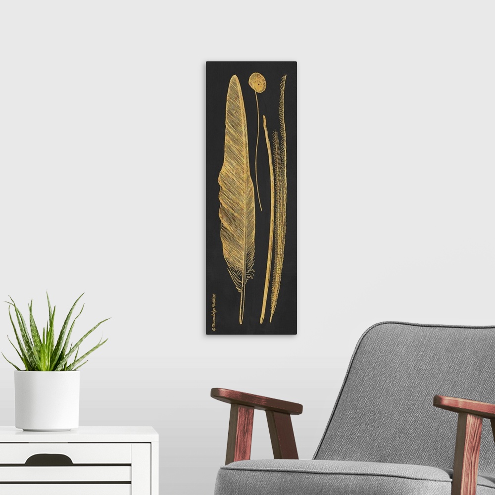 A modern room featuring Tall black panel with gold silhouetted feathers.