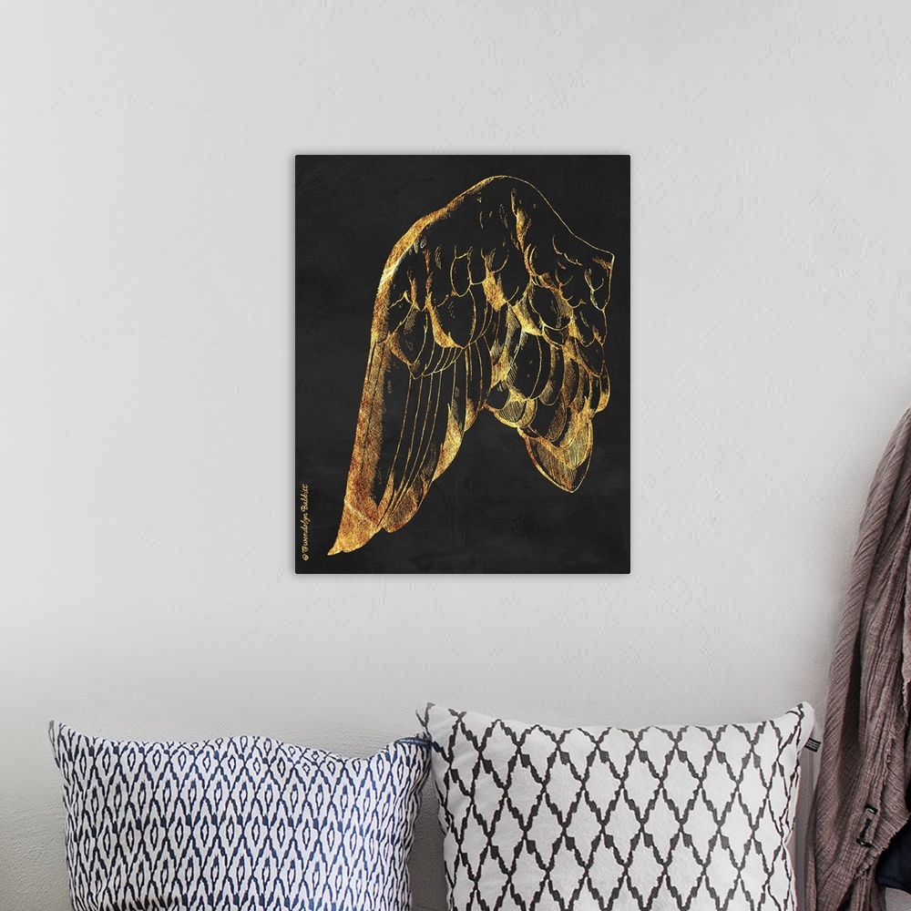 A bohemian room featuring An illustration of a bird's wing in gold over a black background.