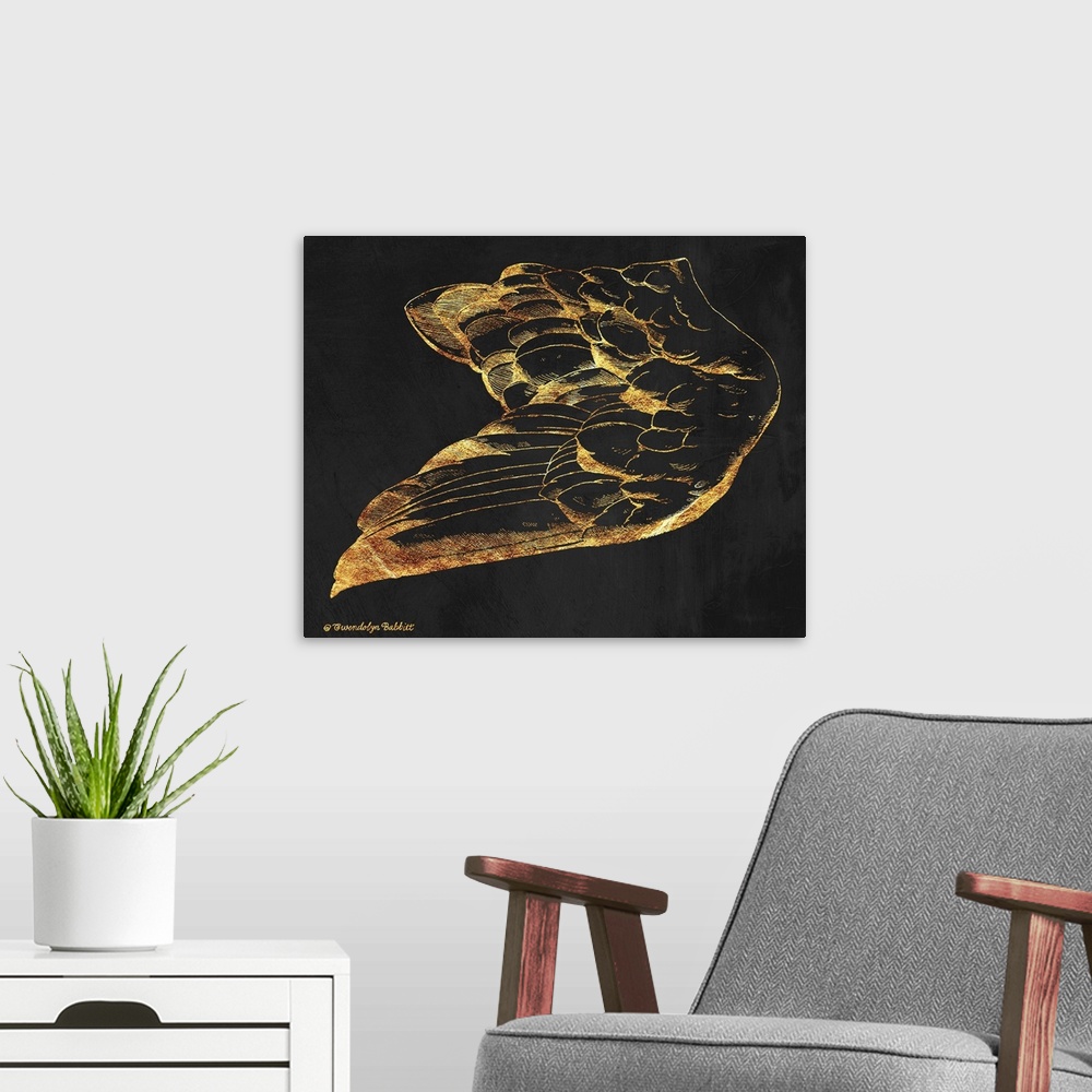 A modern room featuring An illustration of a bird's wing in gold over a black background.