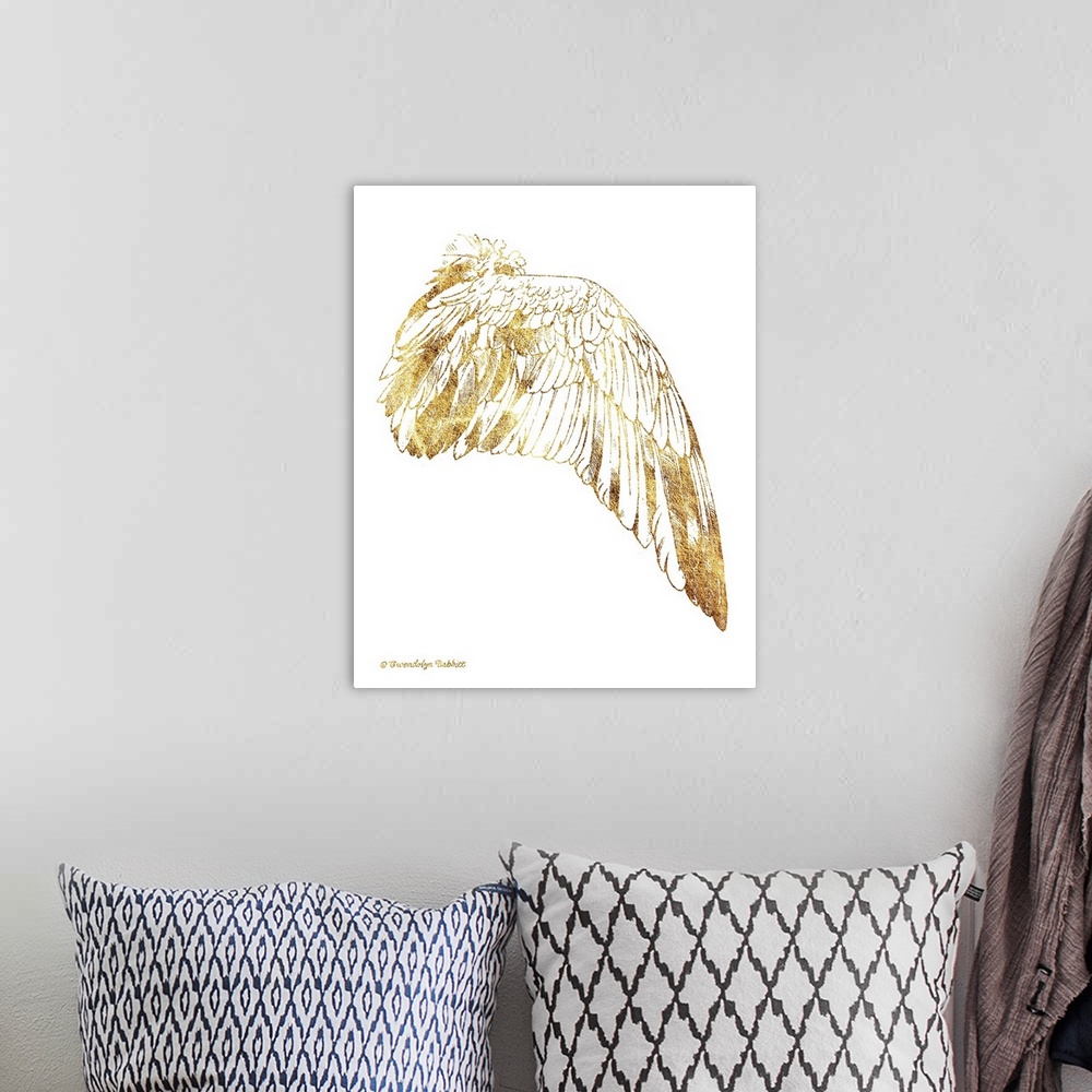 A bohemian room featuring An illustration of a bird's wing in gold over a white background.