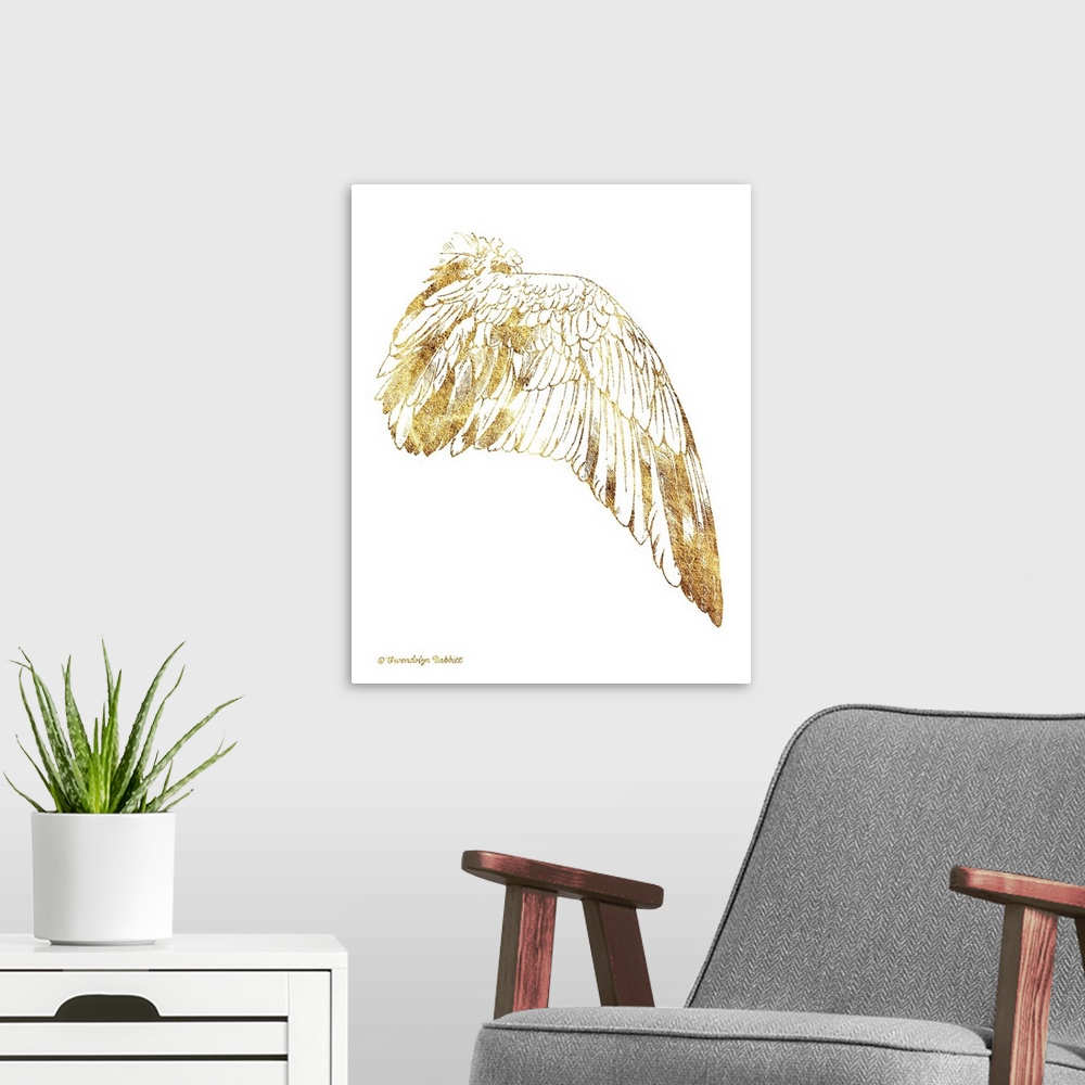 A modern room featuring An illustration of a bird's wing in gold over a white background.