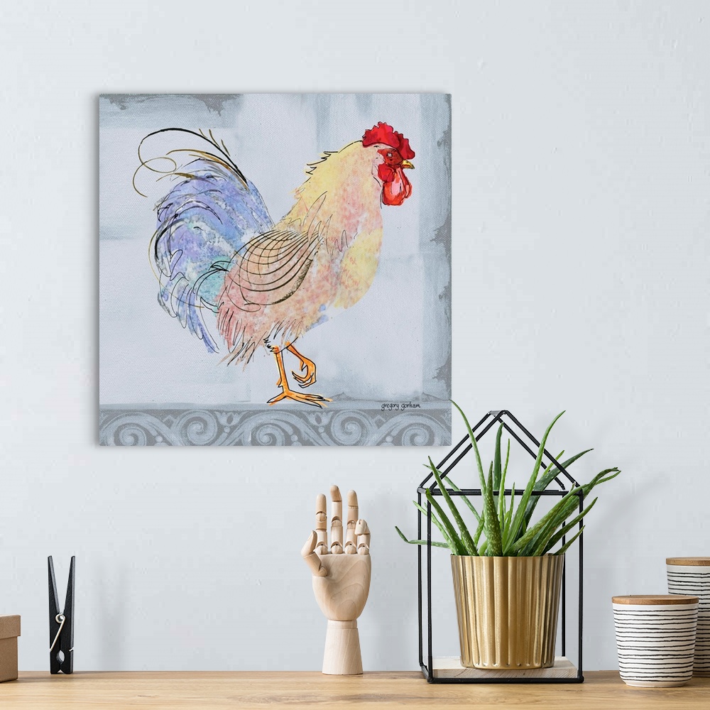 A bohemian room featuring Square art with a colorful illustration of a rooster on a pale blue and grey background.