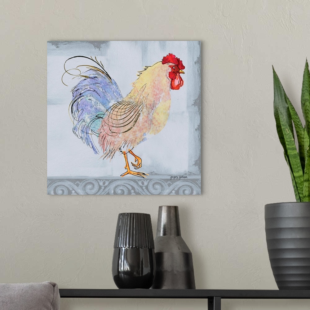A modern room featuring Square art with a colorful illustration of a rooster on a pale blue and grey background.