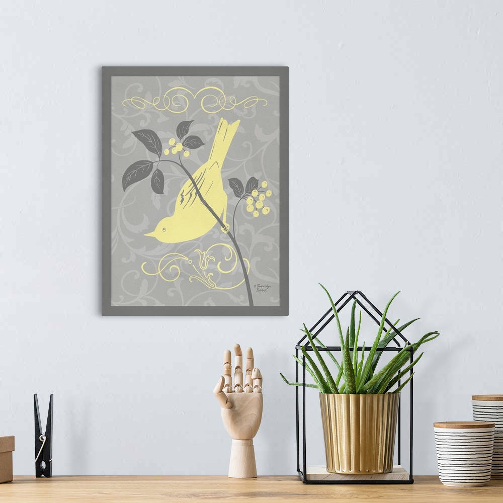 A bohemian room featuring Illustration of a bird on a branch with leaves and berries in yellow and gray tones.