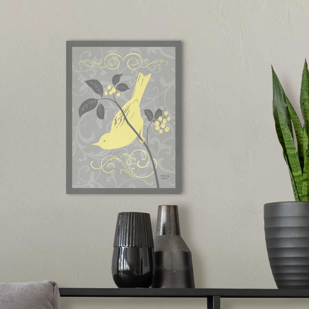 A modern room featuring Illustration of a bird on a branch with leaves and berries in yellow and gray tones.