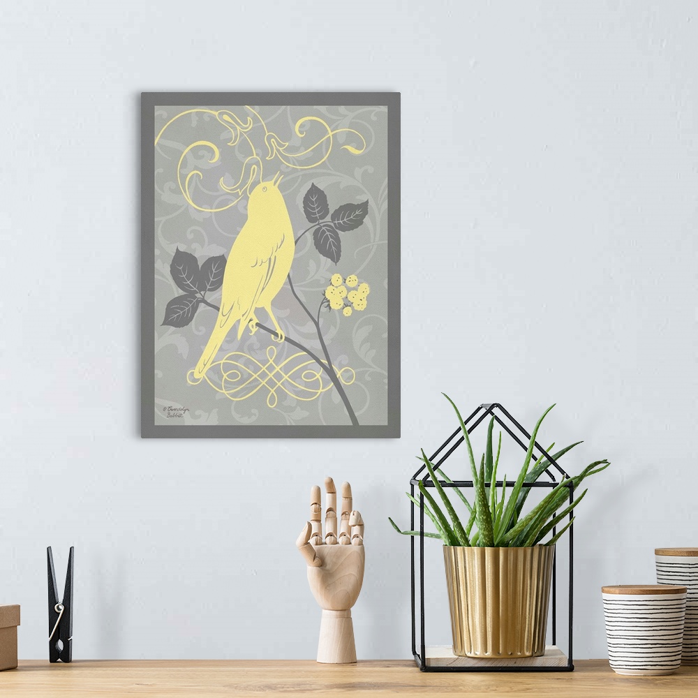 A bohemian room featuring Illustration of a bird on a branch with leaves and berries in yellow and gray tones.