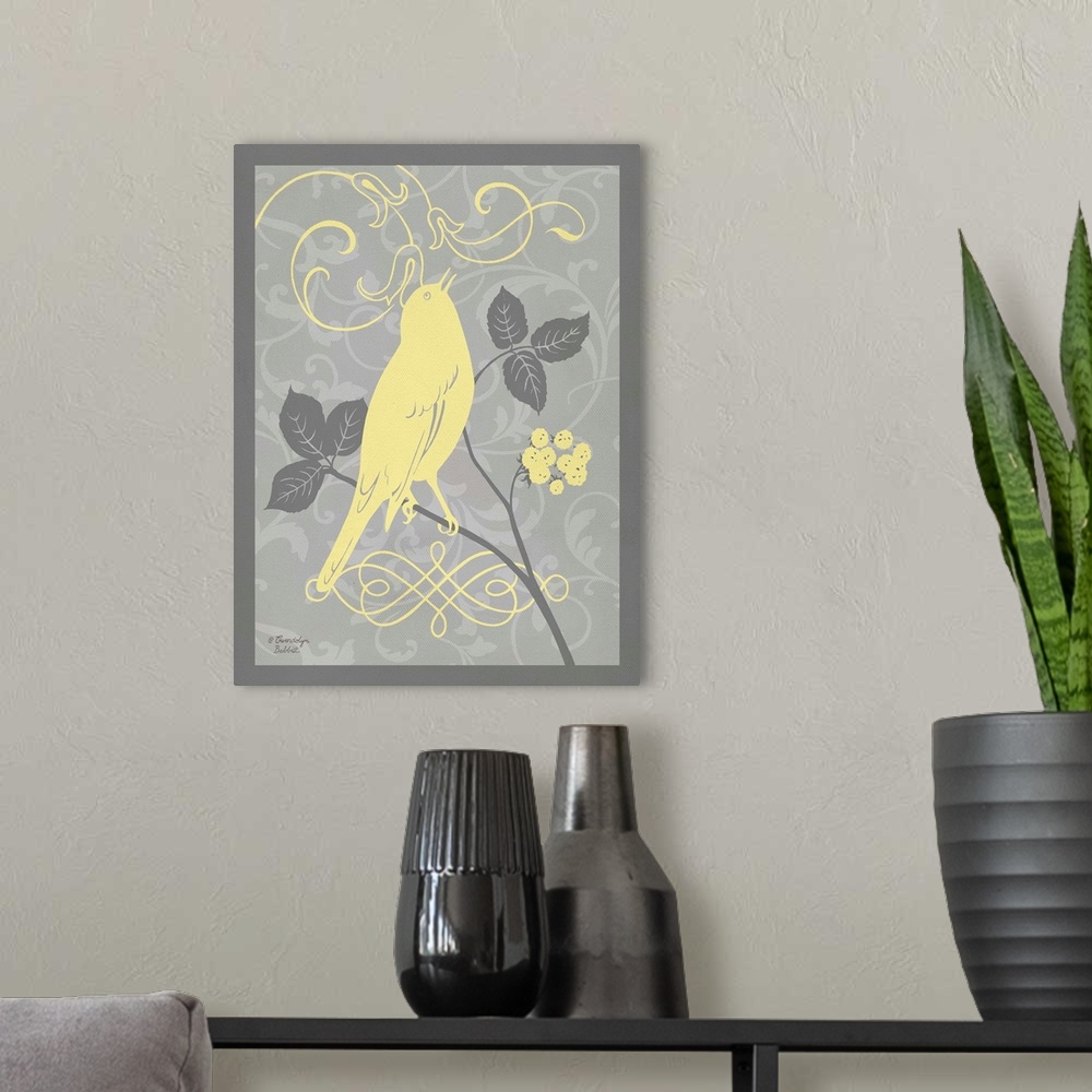 A modern room featuring Illustration of a bird on a branch with leaves and berries in yellow and gray tones.