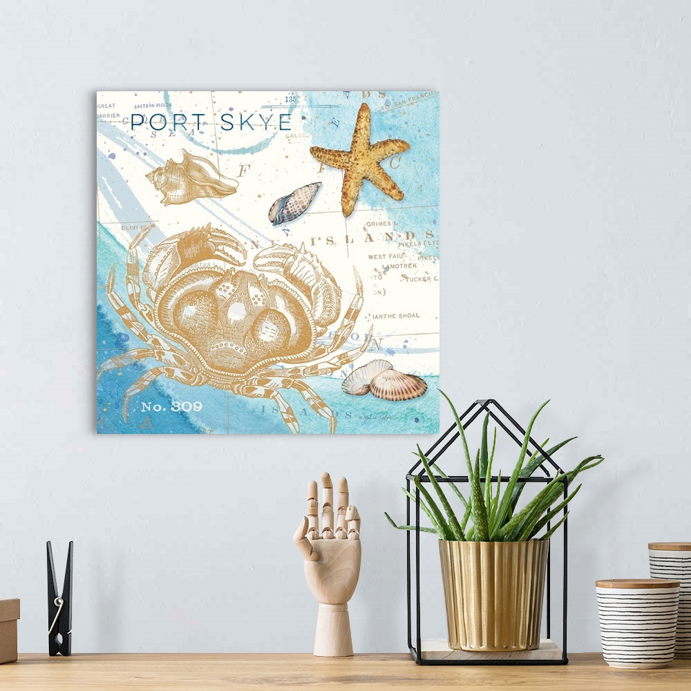 A bohemian room featuring Square beach decor with illustrations of  a gold crab, seashells, and a starfish on top of a blue...