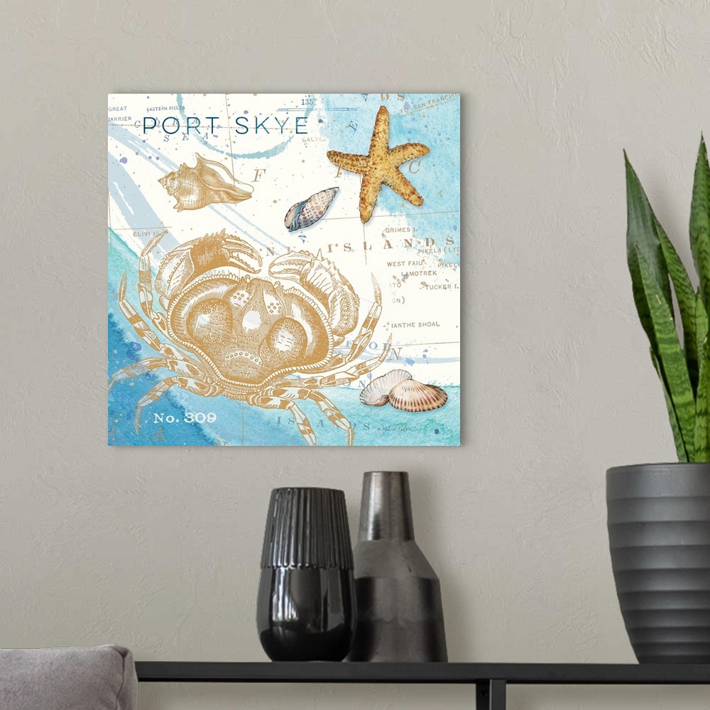 A modern room featuring Square beach decor with illustrations of  a gold crab, seashells, and a starfish on top of a blue...