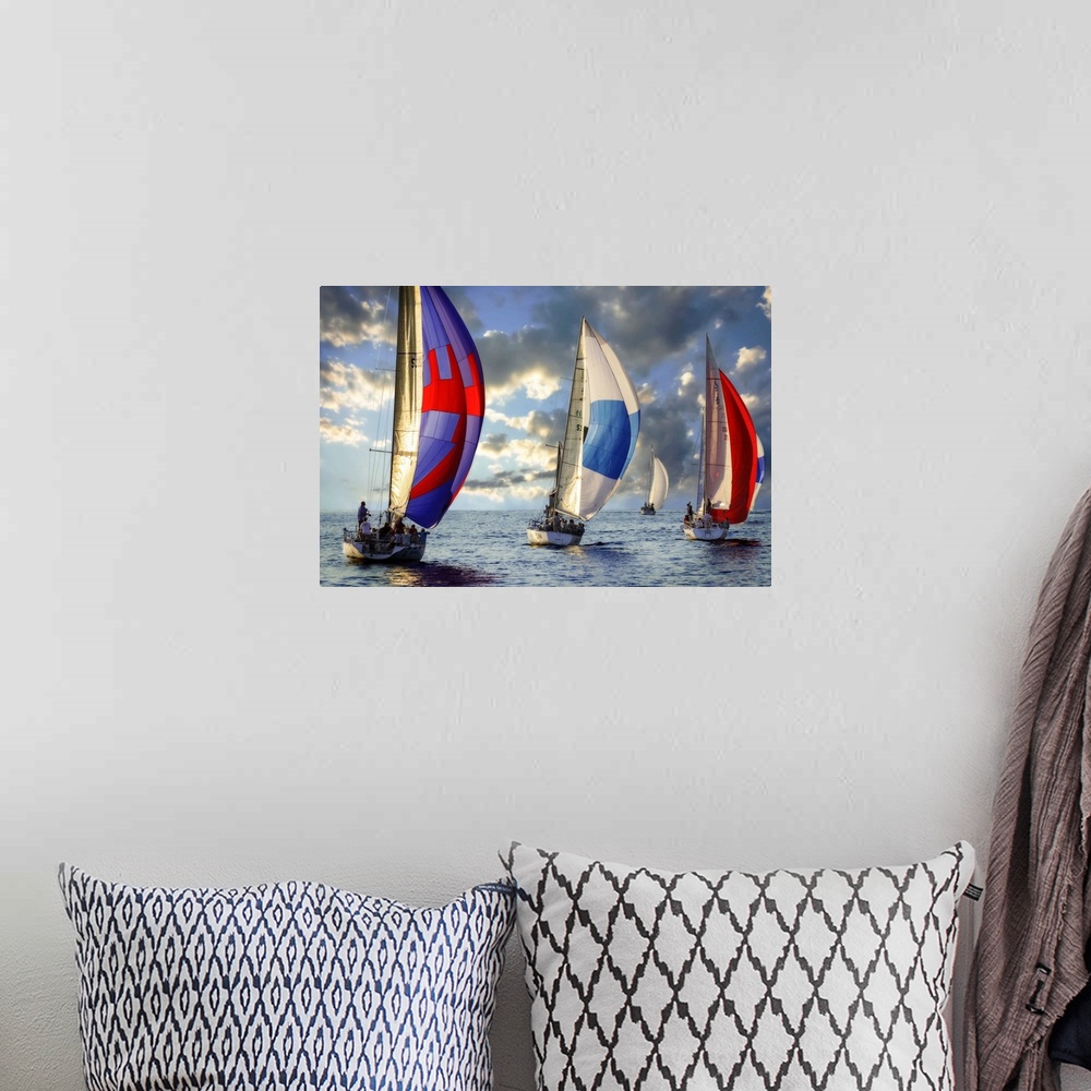 A bohemian room featuring A regatta of colorful sailboats with a cloudy sky.