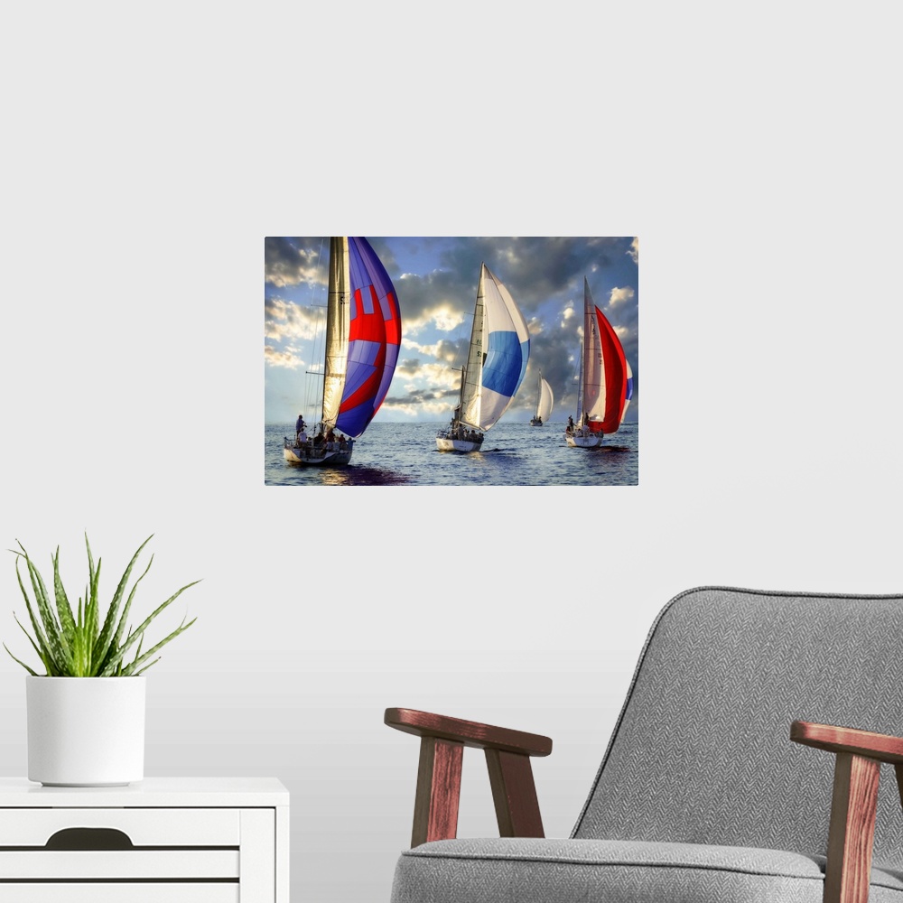 A modern room featuring A regatta of colorful sailboats with a cloudy sky.