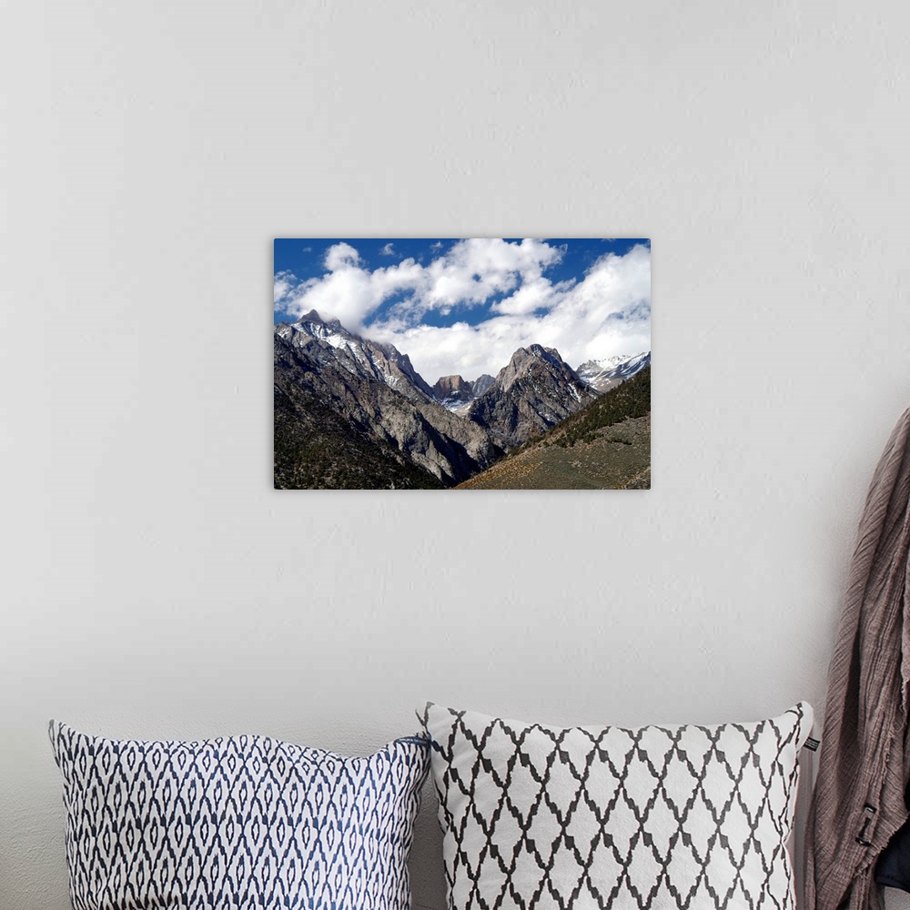 A bohemian room featuring Landscape photograph of rocky peaks in Yosemite National Park.