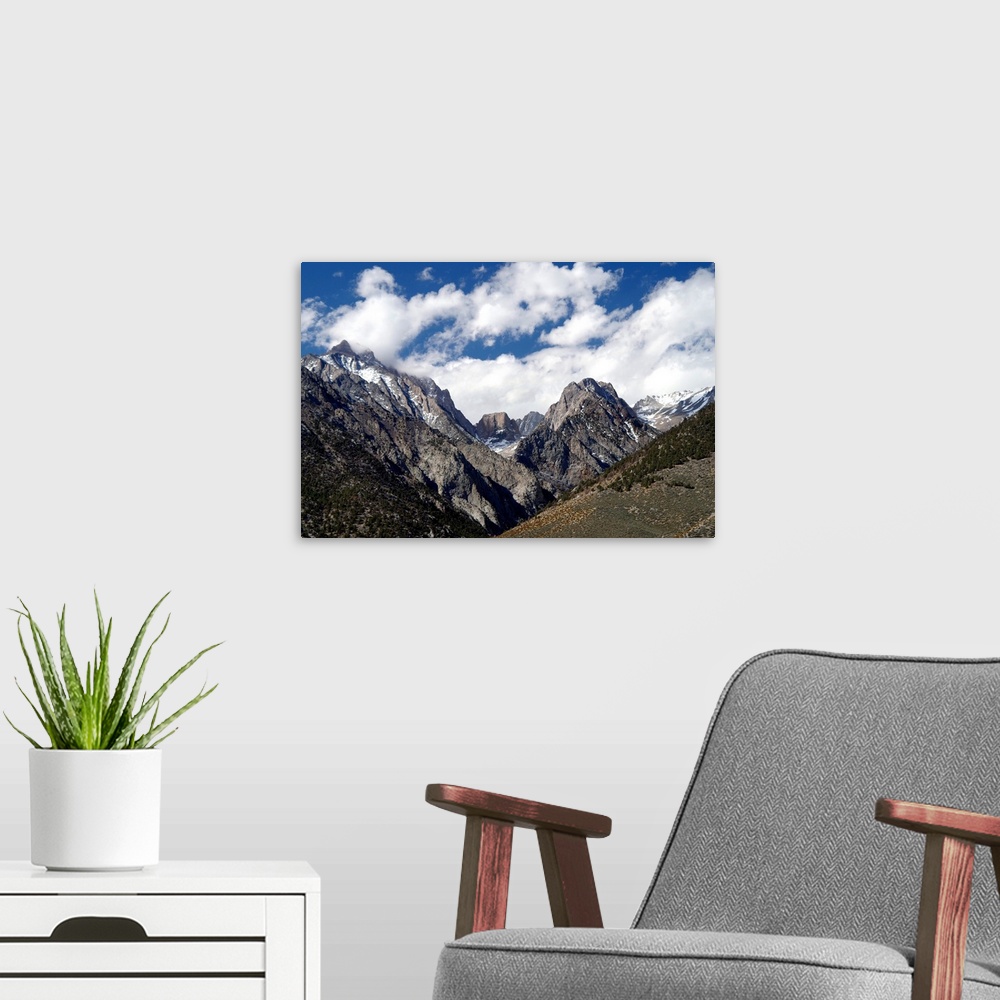 A modern room featuring Landscape photograph of rocky peaks in Yosemite National Park.