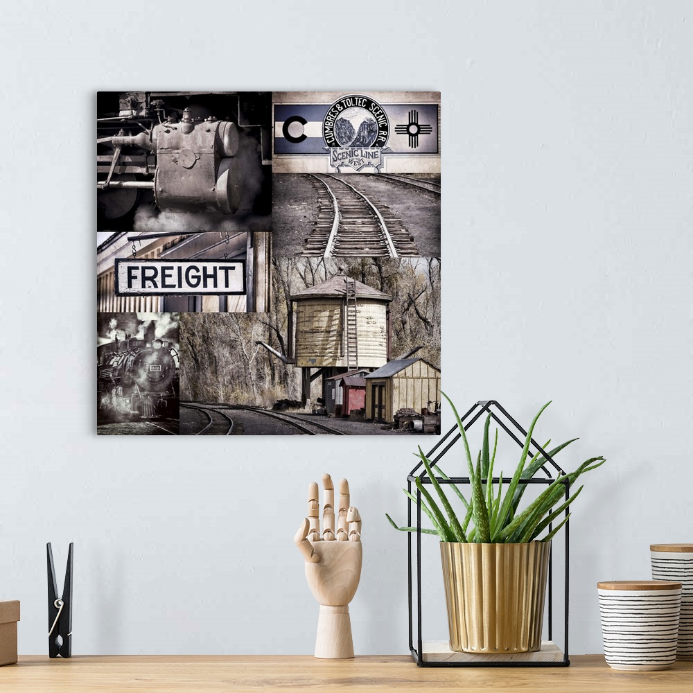 A bohemian room featuring A railroad themed collage of trains, signs, and tracks.