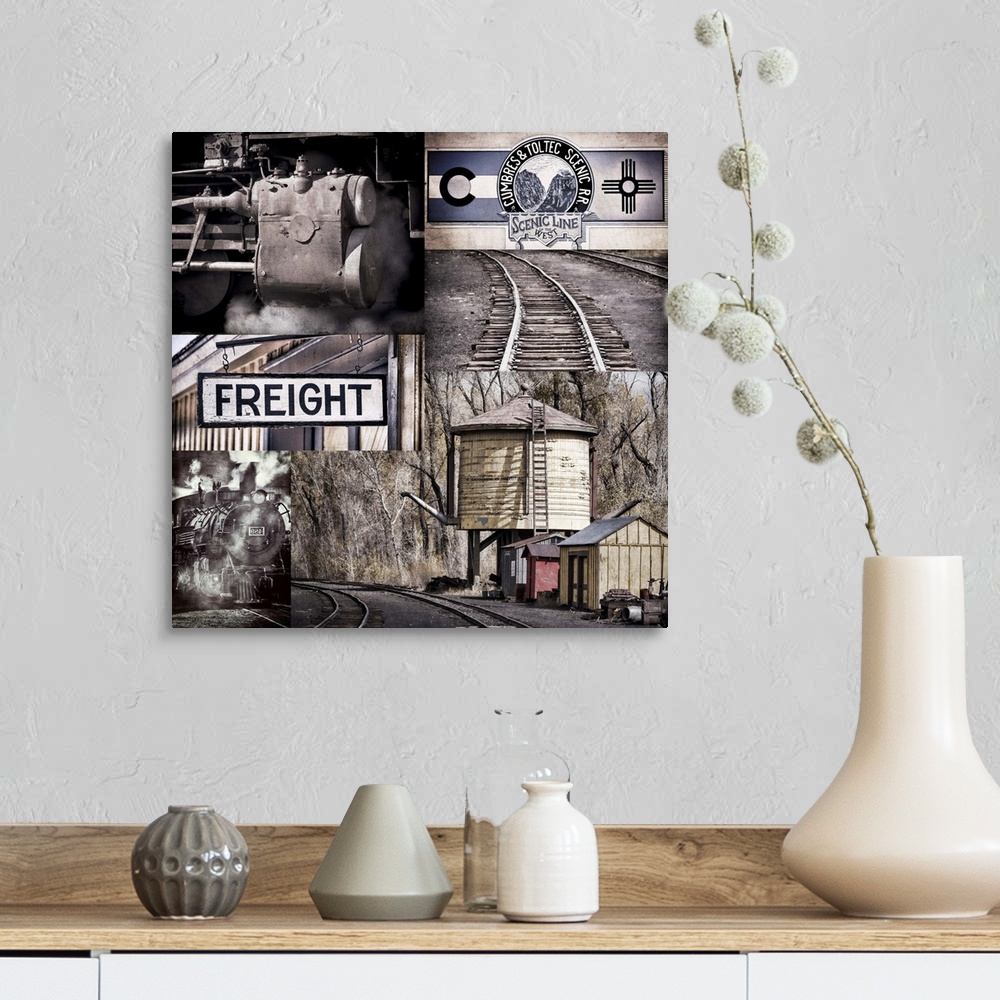 A farmhouse room featuring A railroad themed collage of trains, signs, and tracks.