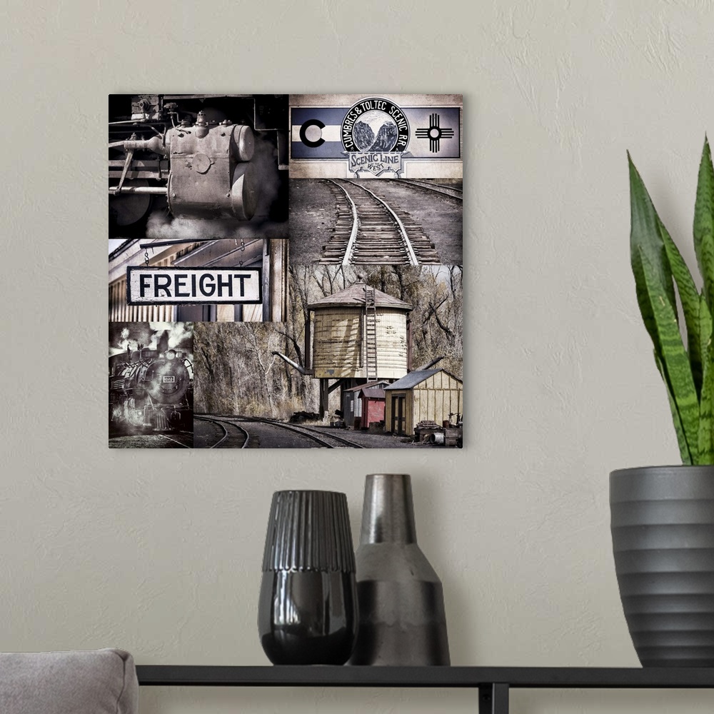 A modern room featuring A railroad themed collage of trains, signs, and tracks.