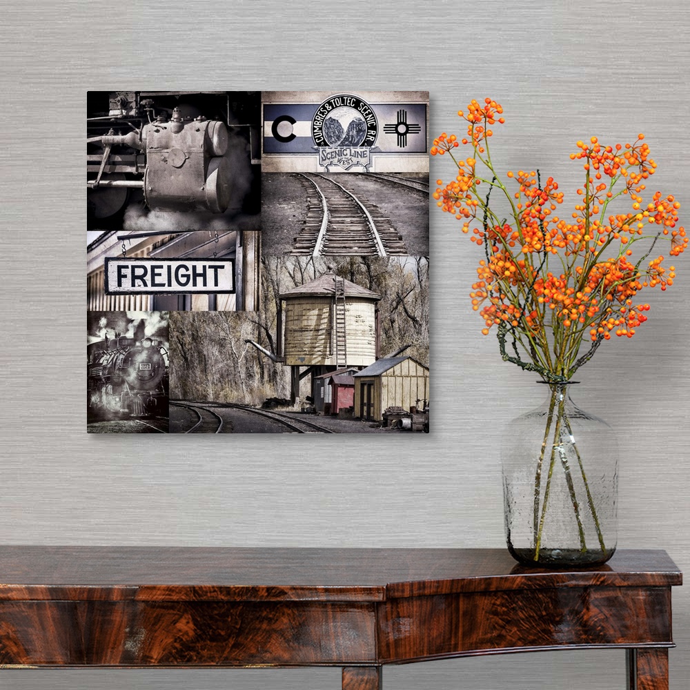 A traditional room featuring A railroad themed collage of trains, signs, and tracks.
