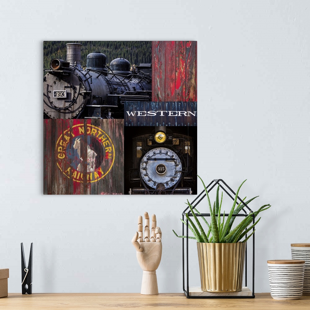 A bohemian room featuring Collage of railroad themed photos including trains and weathered signs.