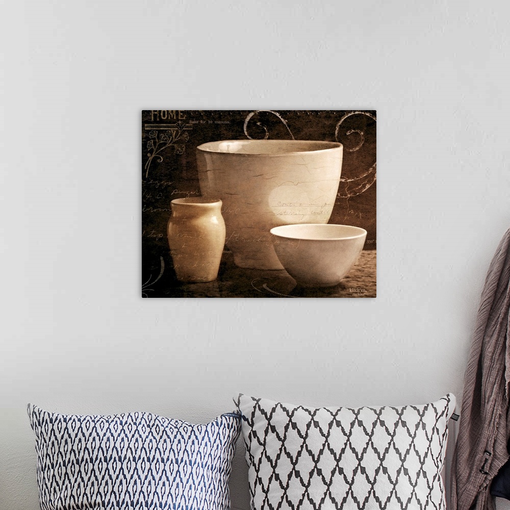 A bohemian room featuring Home artwork featuring text and designs over three bowls sitting on a table. Neutral tones dominate.