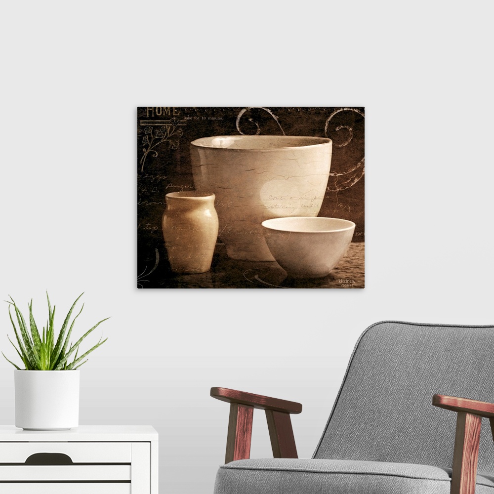 A modern room featuring Home artwork featuring text and designs over three bowls sitting on a table. Neutral tones dominate.