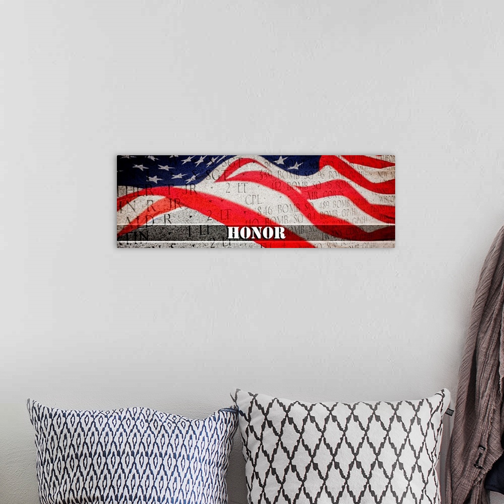 A bohemian room featuring Panoramic image of a wall of honor with an American flag overlay and "Honor" written at the bottom.