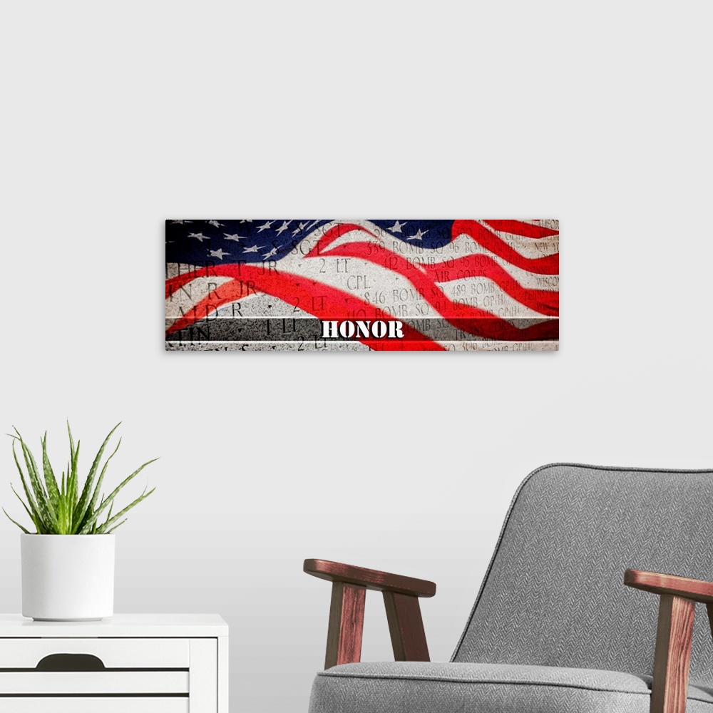 A modern room featuring Panoramic image of a wall of honor with an American flag overlay and "Honor" written at the bottom.