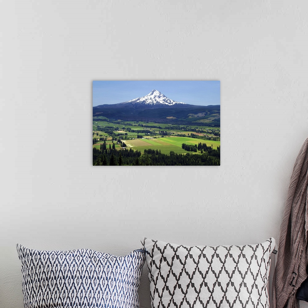 A bohemian room featuring Landscape photograph of the town of Hood River with Mount Hood in the distance.