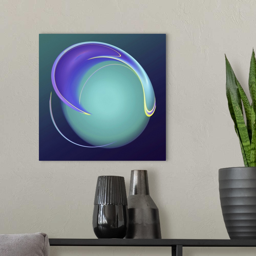 A modern room featuring Digital abstract artwork of a blue and teal circular shape.