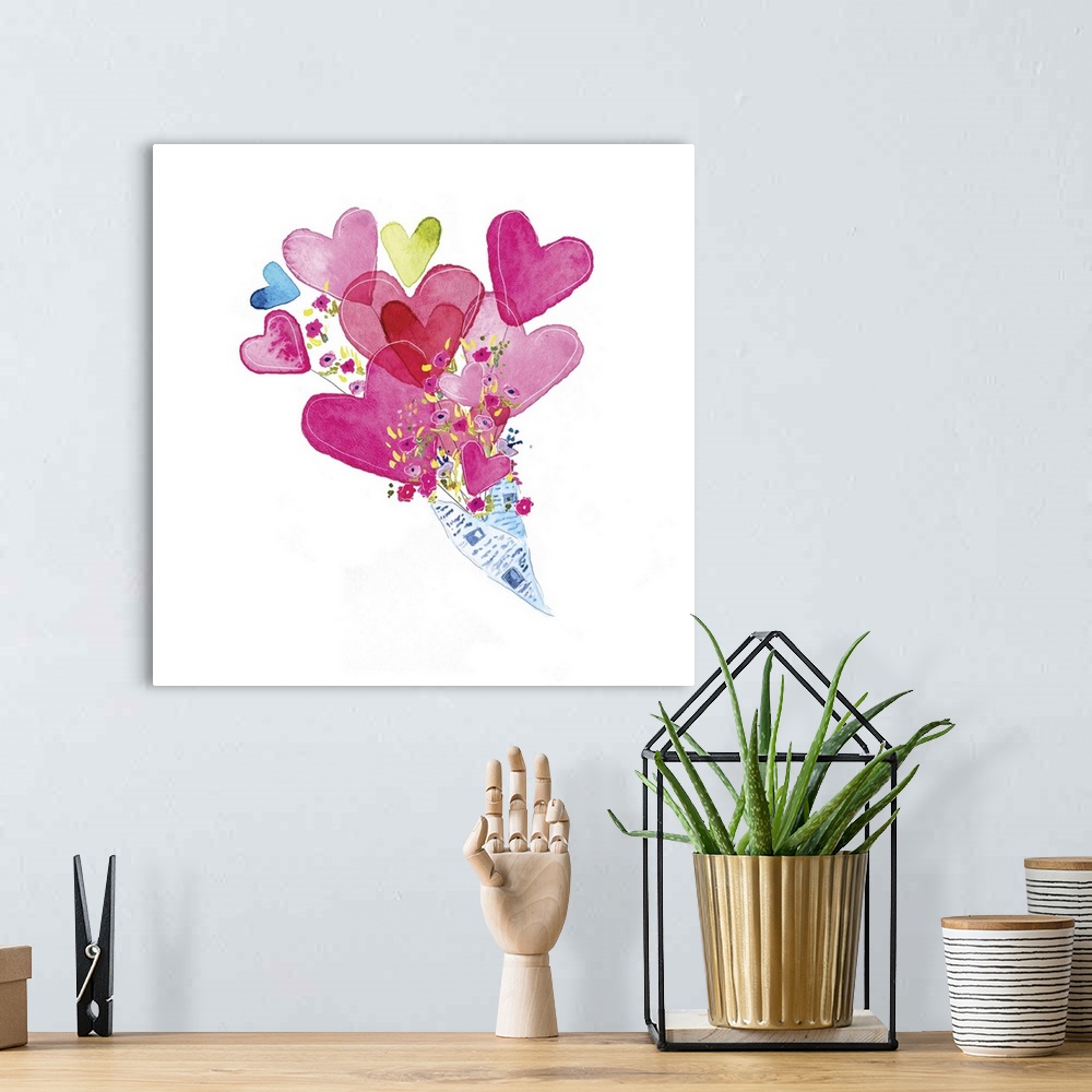 A bohemian room featuring Square watercolor painting of a bouquet filled with hearts and flowers on a solid white background.