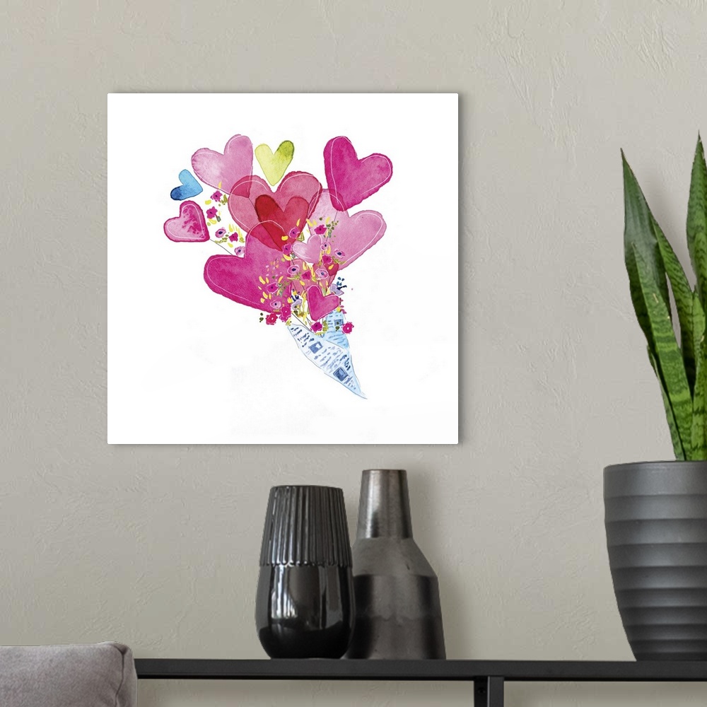 A modern room featuring Square watercolor painting of a bouquet filled with hearts and flowers on a solid white background.