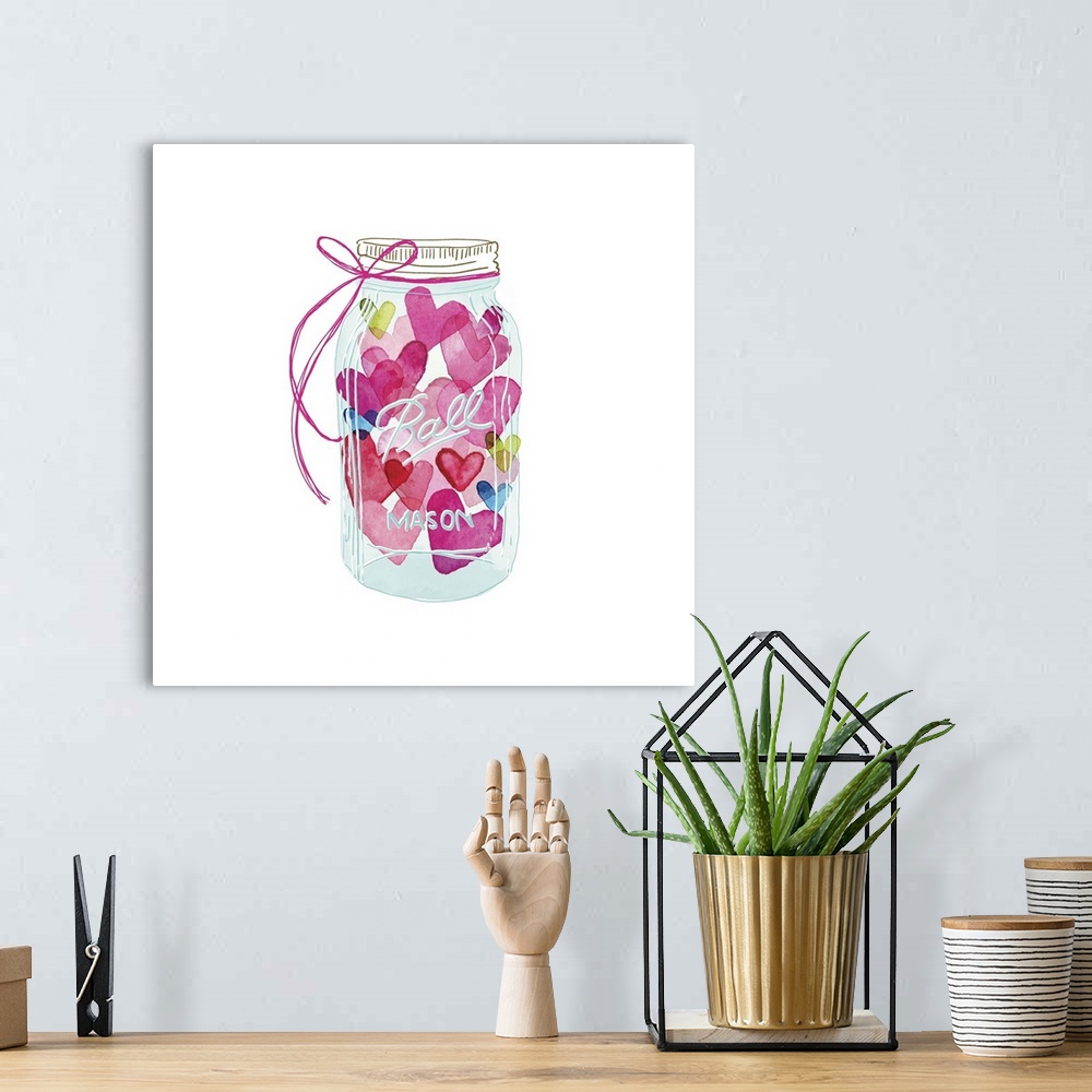 A bohemian room featuring Square watercolor painting of a glass mason jar filled with colorful hearts.