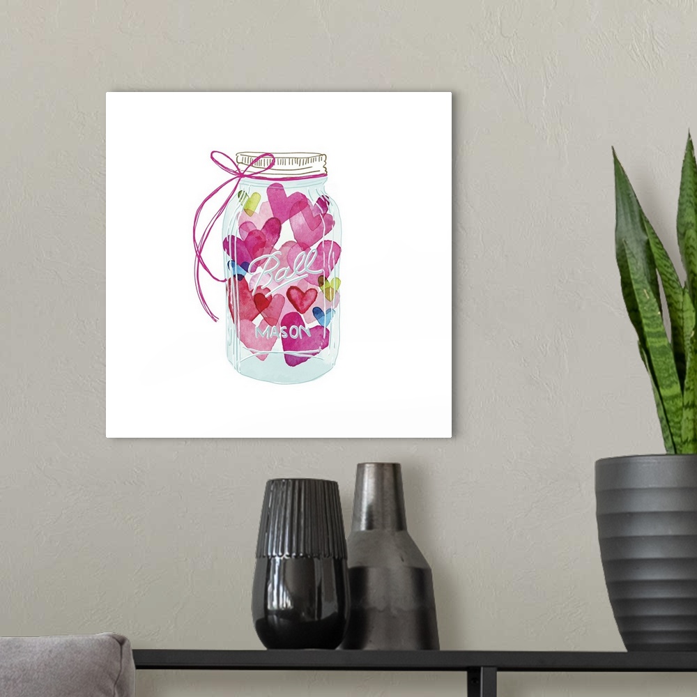 A modern room featuring Square watercolor painting of a glass mason jar filled with colorful hearts.