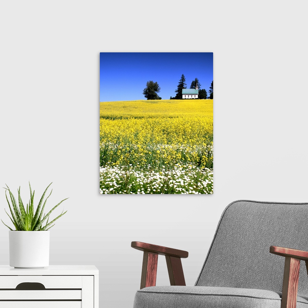 A modern room featuring Landscape photograph of a field filled with white and yellow wildflowers and a church on a hill i...