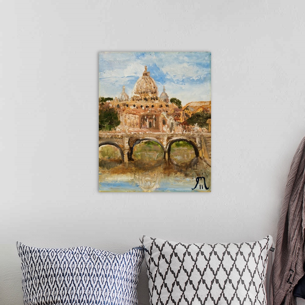 A bohemian room featuring Contemporary painting of an Italian cityscape with dome topped buildings in the background and a ...
