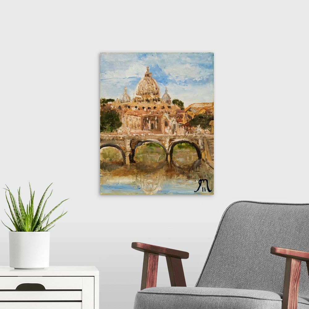 A modern room featuring Contemporary painting of an Italian cityscape with dome topped buildings in the background and a ...