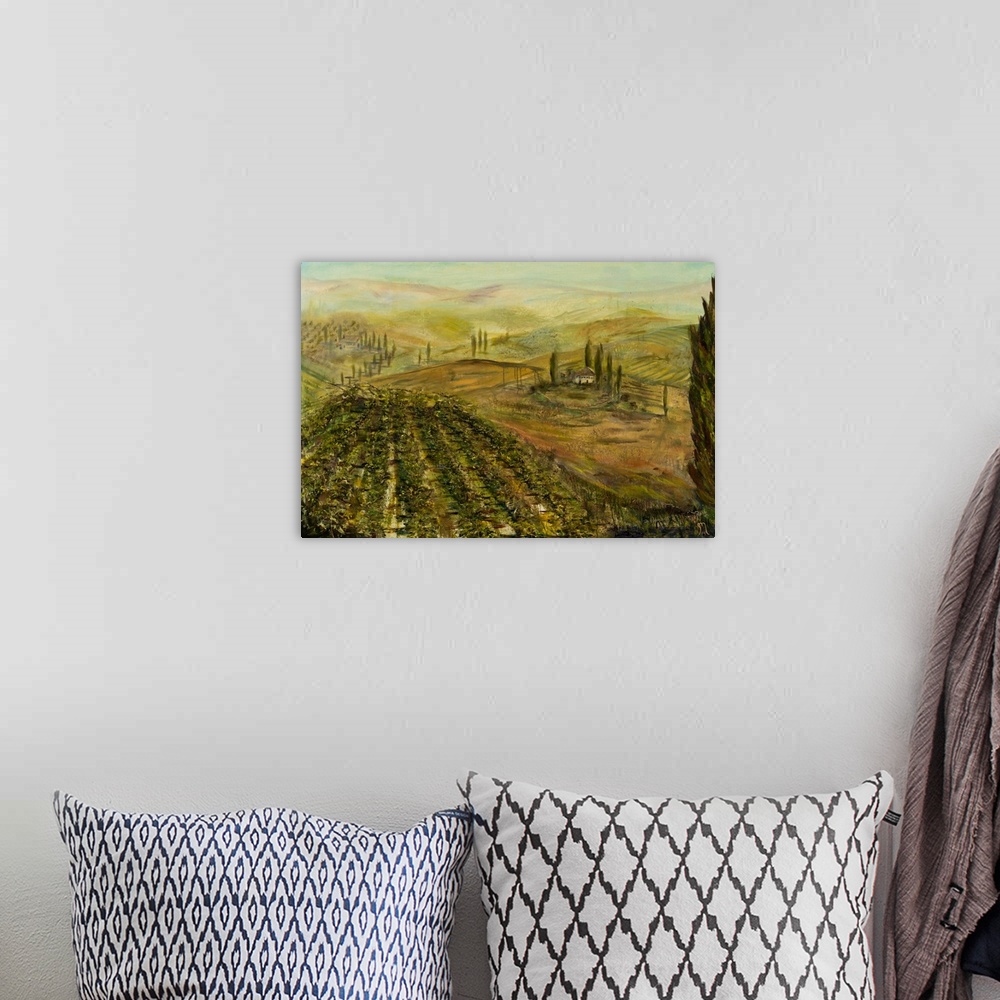 A bohemian room featuring Contemporary landscape painting of an Italian vineyard with green and yellow tones.