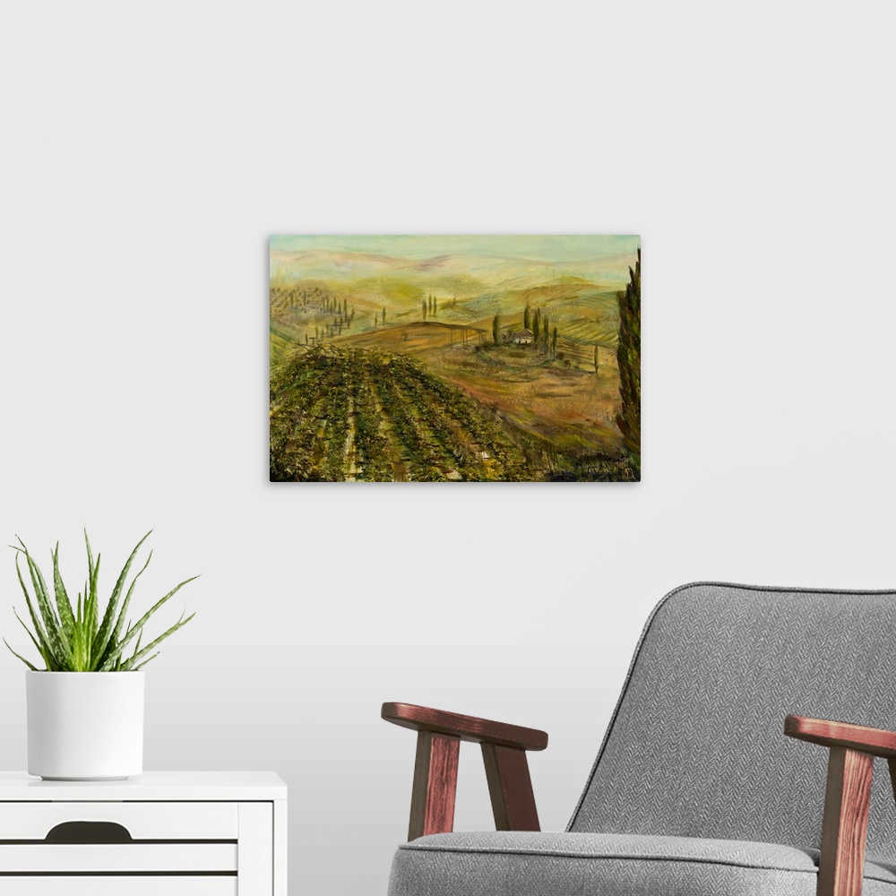 A modern room featuring Contemporary landscape painting of an Italian vineyard with green and yellow tones.