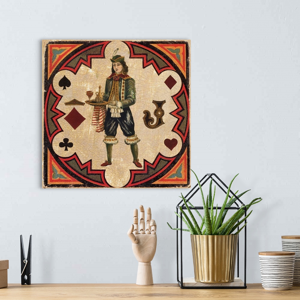 A bohemian room featuring Square vintage illustration of a Jack inside a circular design with a heart, spade, clover, and d...